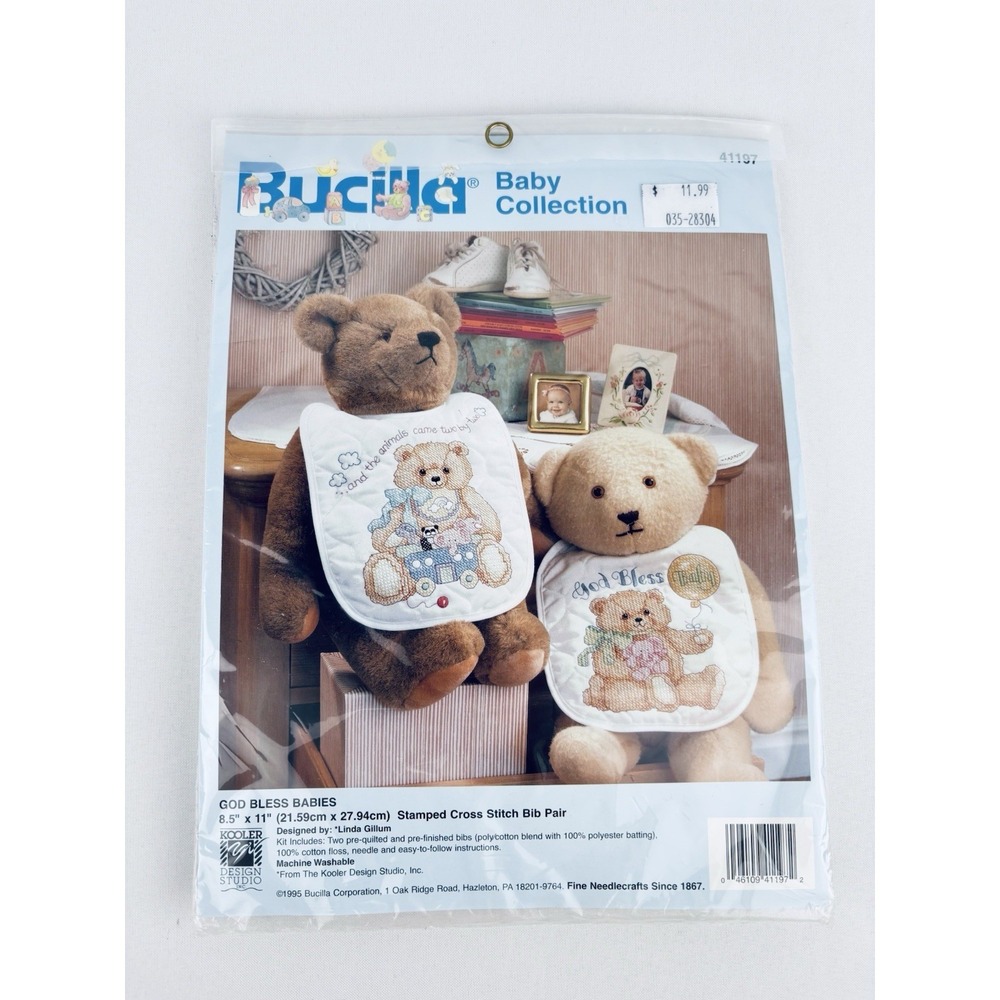 Vintage Bucilla God Bless Babies Bear Bib Pair Stamped Cross Stitch Kit No.41197